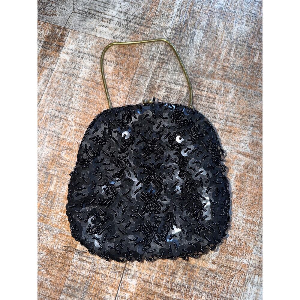 Vintage Black Beaded Sequin Evening Clutch Bag with Gold Strap
